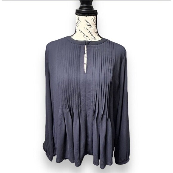 Ann Taylor M Navy Pleated Blouse Long Sleeve Keyhole Neck Career Office Work Top - Picture 2 of 13
